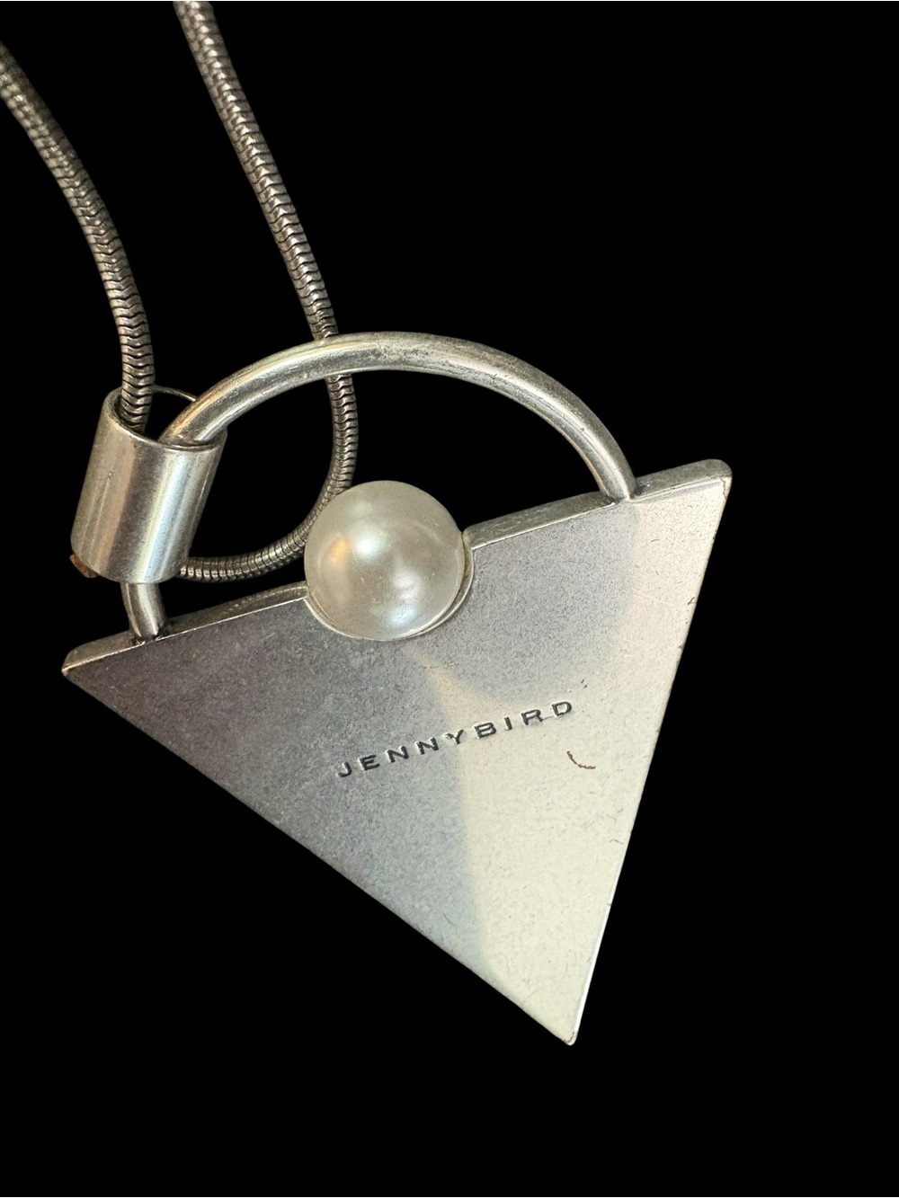 Designer Jenny Bird Silver Triangle Pendant Necklace with Pearl Accent